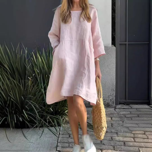 Women's Cute Solid Color Loose Casual Pocket Cotton Linen Dress