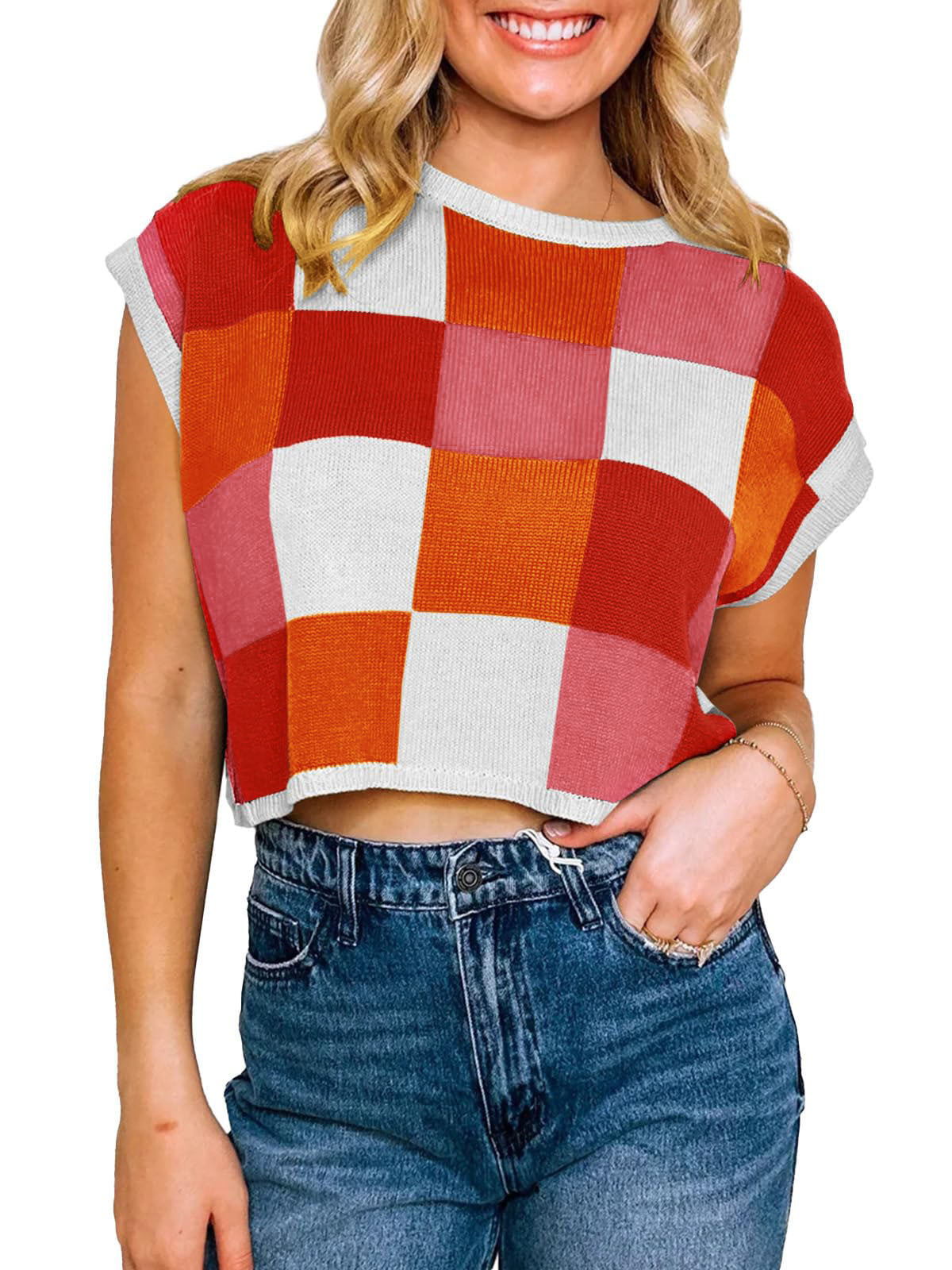 Midriff-baring Short Sleeve Color Block Round Neck Knitted Checkerboard Plaid Sweater