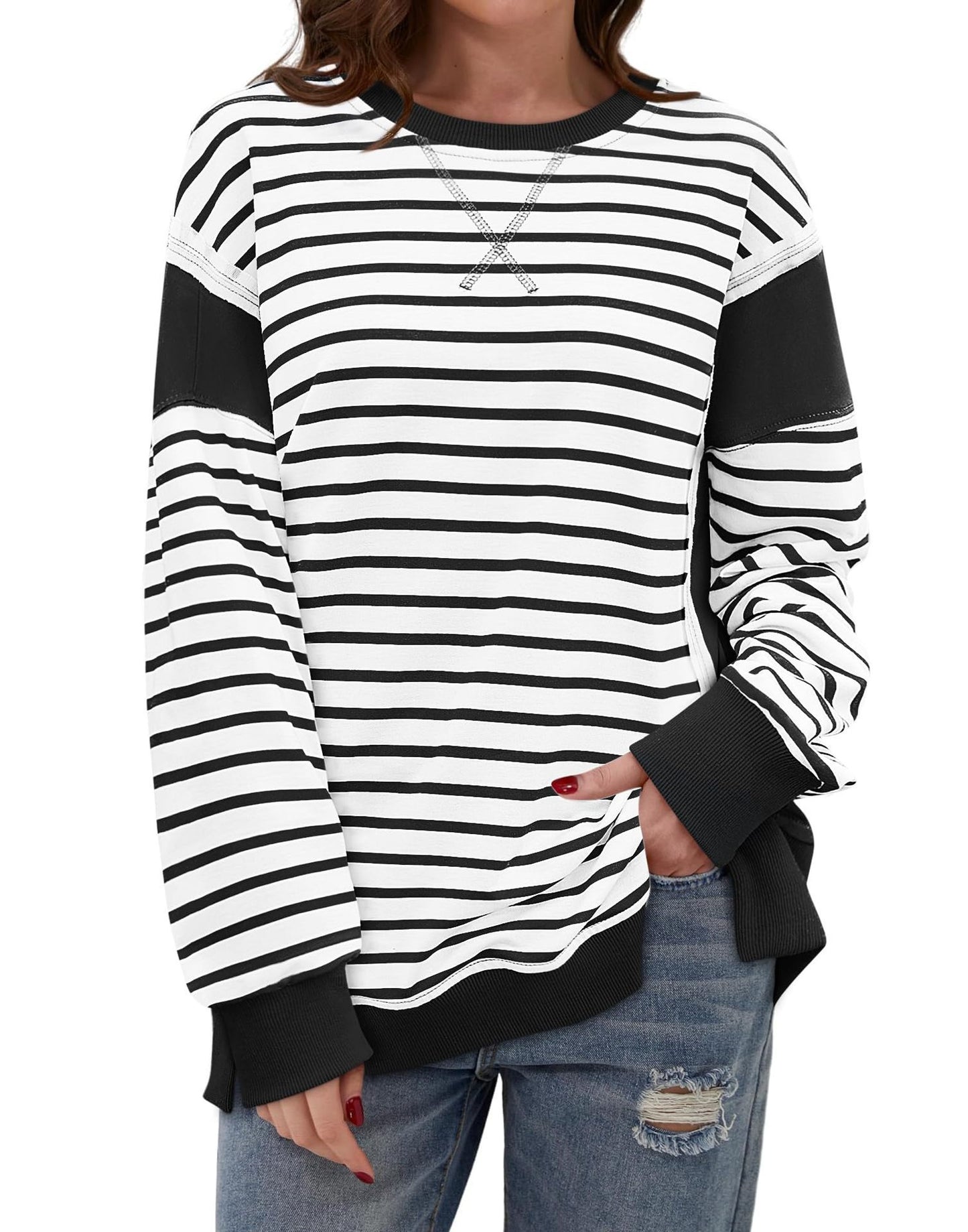 Color Matching Sweatshirt Striped Color Contrast Long Sleeve T-shirt