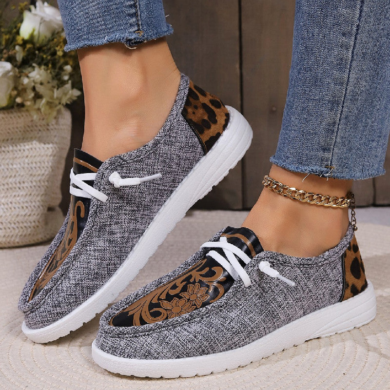 New Round Toe Flower Printed Canvas Flats Shoes Winter Casual Warm Plus Velvet Women's Plush Shoes