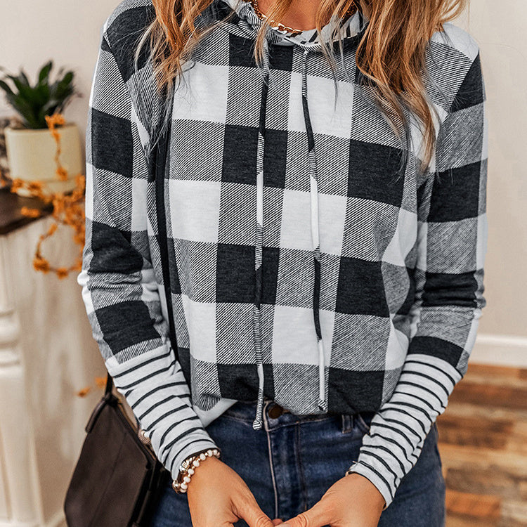 Casual Plaid Stitching Hoodie For Women