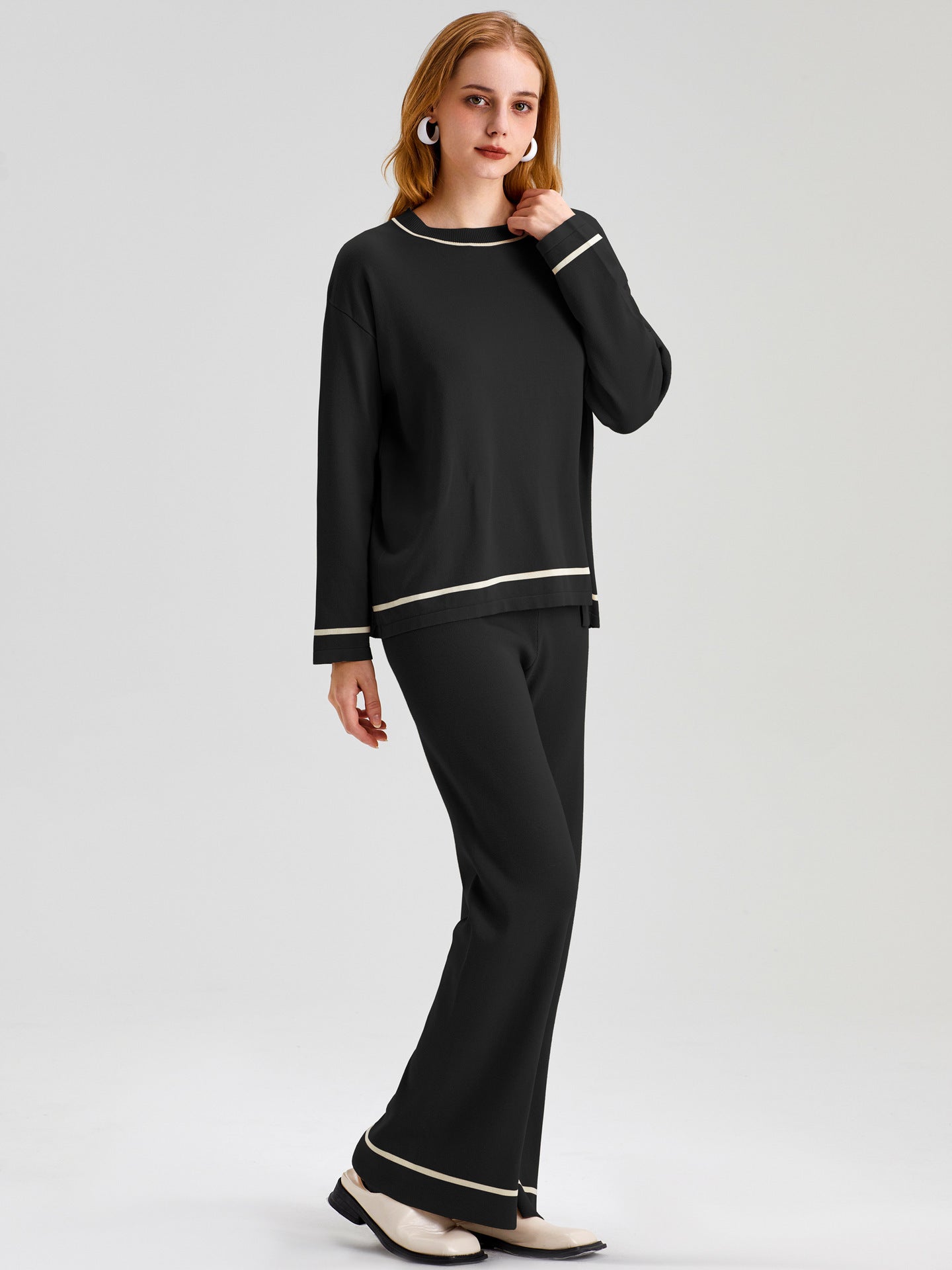 Women's Sweater Layered Round Neck Top Wide Leg Trousers