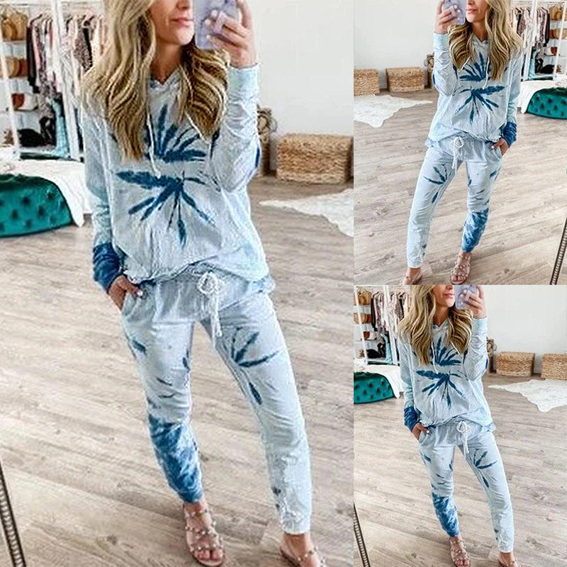 Tie-Dye Printed Long-Sleeved Hooded Casual Homewear Suit