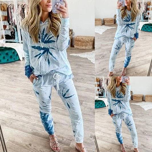 Tie-Dye Printed Long-Sleeved Hooded Casual Homewear Suit