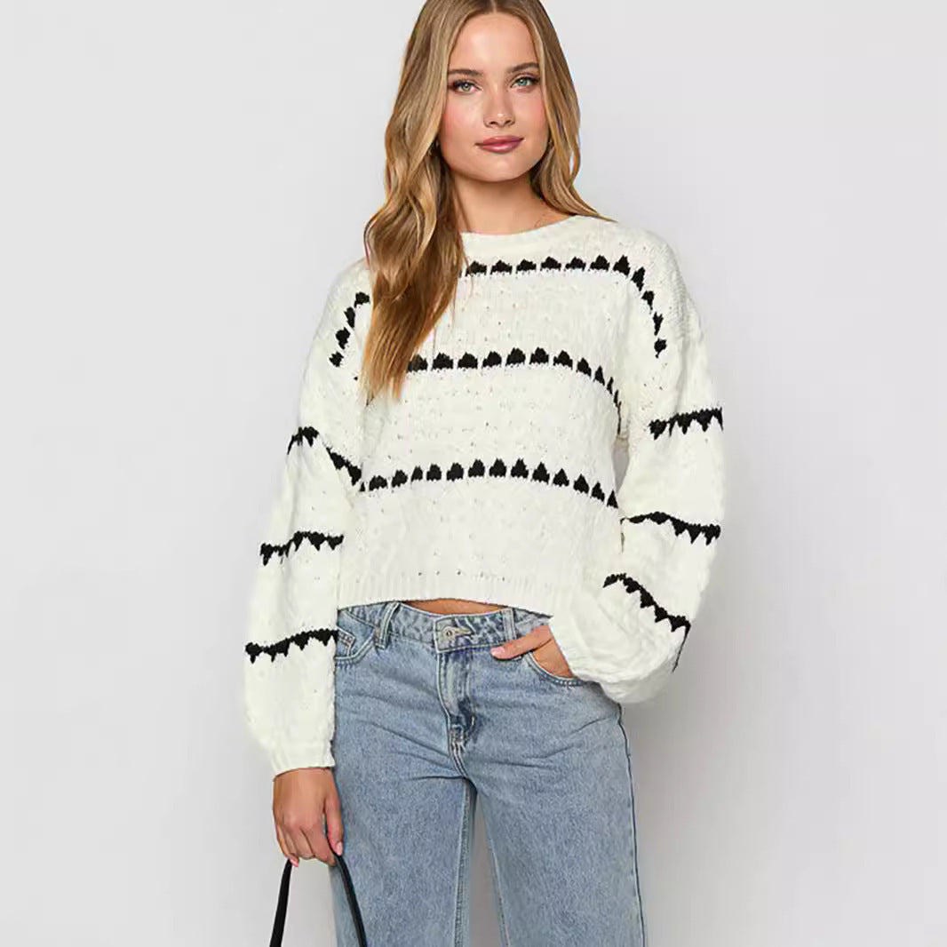 Thick Needle Loose Plus Size Twist Stripes Round Neck Pullover