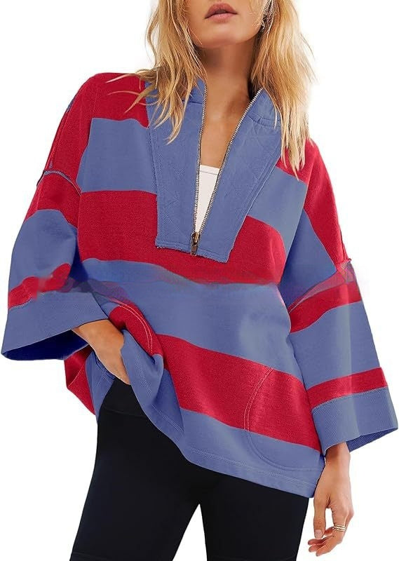 Women's Oversized Striped Shirt Half Zip Sweatshirt Color Matching