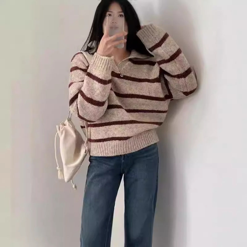 Fall And Winter Lapels Contrast Color Striped Pullover Sweater Long Sleeve Loose Casual Knitted Top For Women