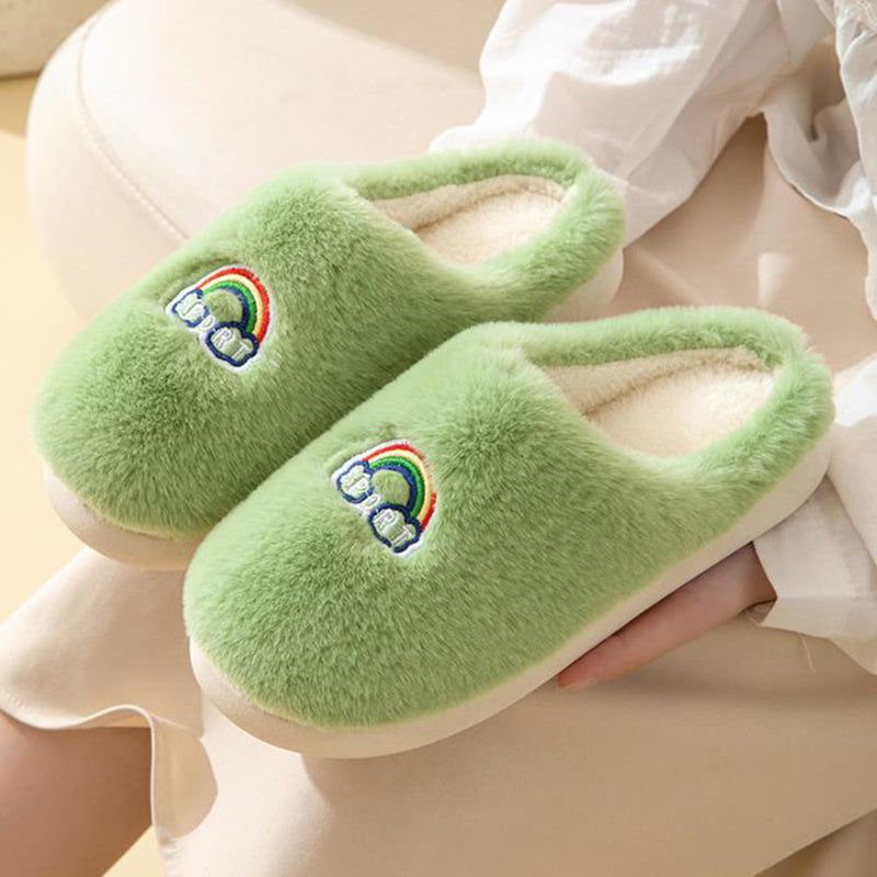 Kawaii Rainbow Embroidered Slippers Warm Slip On Plush Shoes Couple Indoor Home Slippers Winter