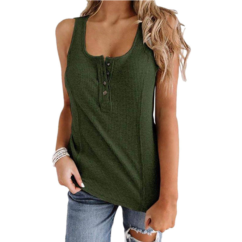 Solid Color Button Sleeveless Tank Top T Shirt Women