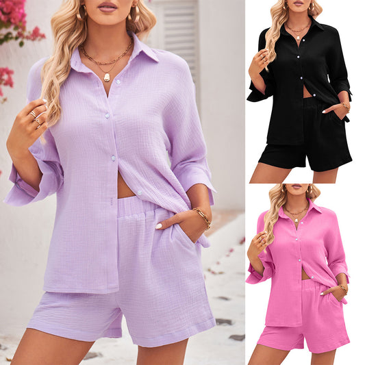Women's Cotton Cropped Sleeves Shirt Shorts Suit