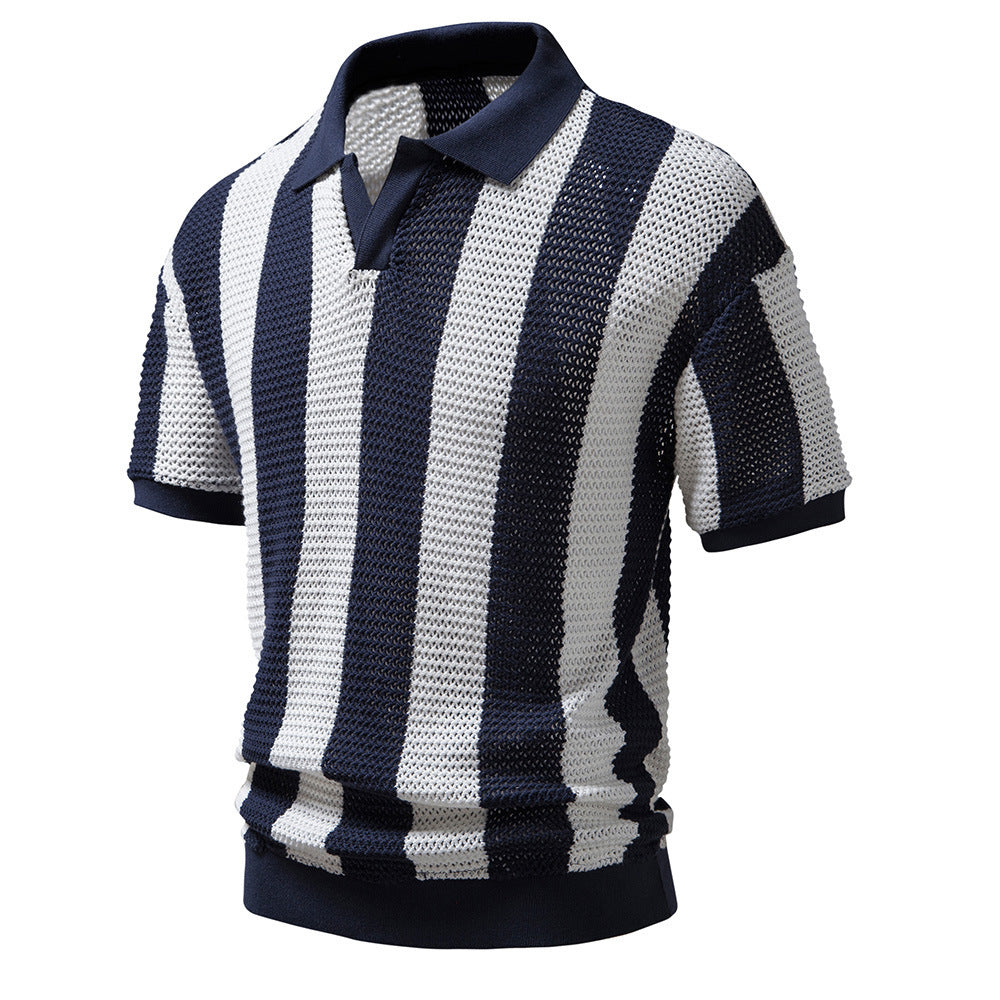 Lapel Mesh Shirt Hollow-out Short-sleeved Fishnet Men's Striped Polo Shirt