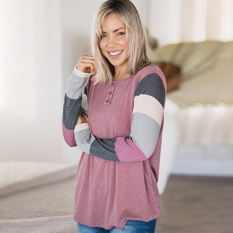 Simple All-matching Rose Striped Sleeve Pullover Plus Size Top