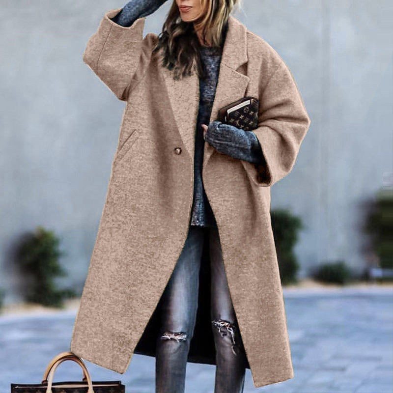 Autumn And Winter Long Woolen Color Temperament Commute No Belt Lapel Loose Woolen Green Coat