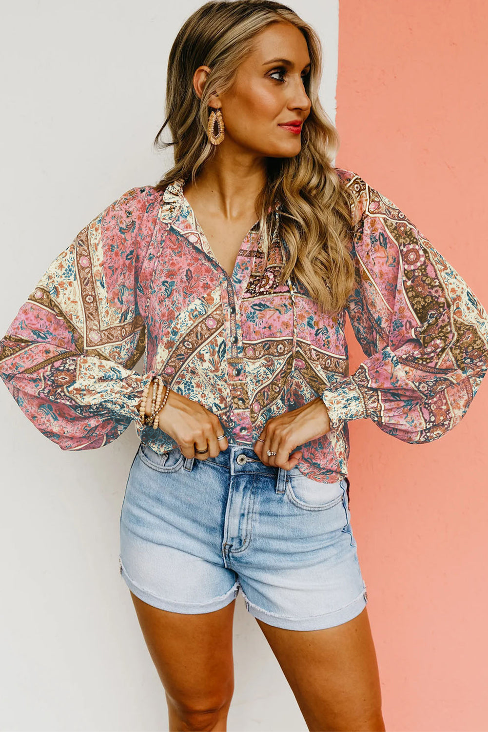 Chestnut Vintage Floral Print Puff Sleeve Buttoned Shirt