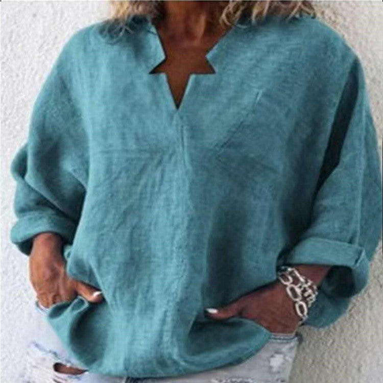 Solid Color Cotton And Linen Plus Size Long Sleeve Pullover Urban Leisure Mid-length V-neck Shirt