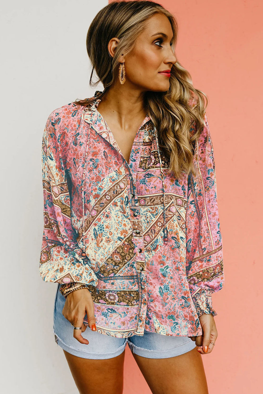 Chestnut Vintage Floral Print Puff Sleeve Buttoned Shirt