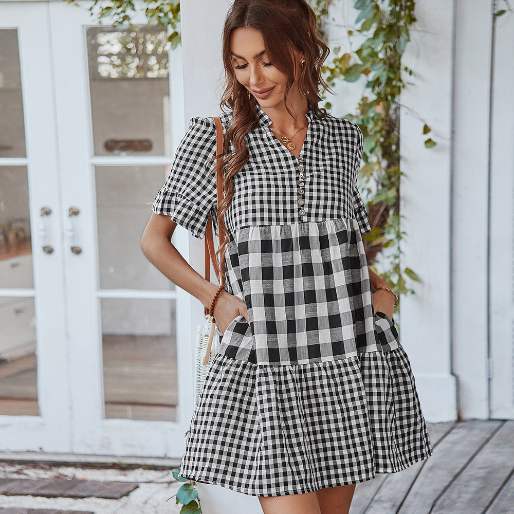 European And American Temperament Plaid Stitching Dress