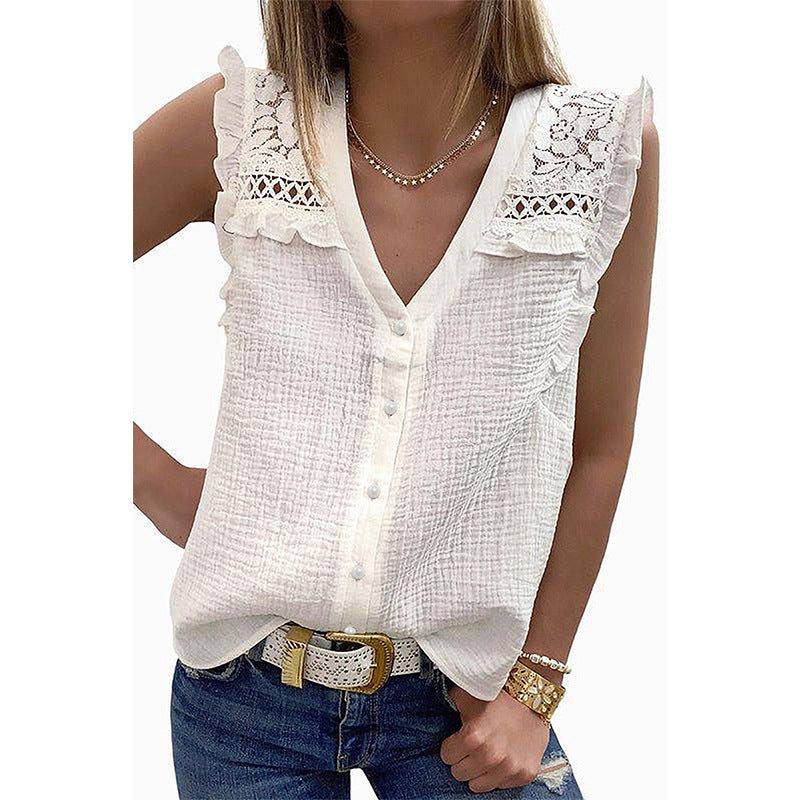 European And American Summer Lace Versatile Sleeveless Ruffled V-neck Single Breasted Shirt