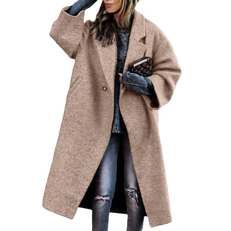 Autumn And Winter Long Woolen Color Temperament Commute No Belt Lapel Loose Woolen Green Coat