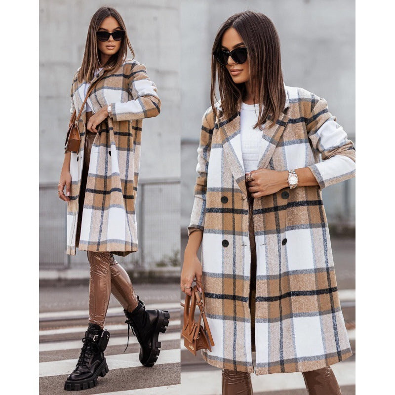 Fashio Women's Mid-length Plaid Print Coat