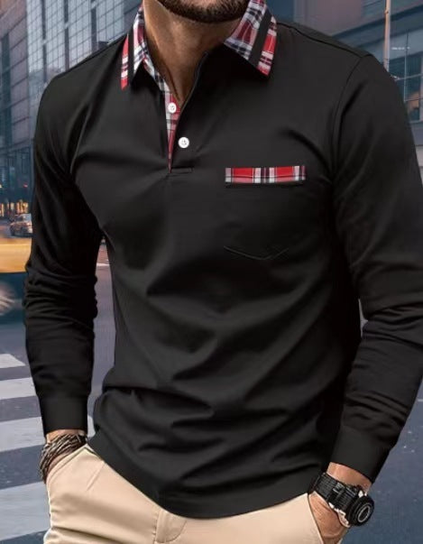 Autumn Button Pocket Men's Long Sleeve Polo Shirt