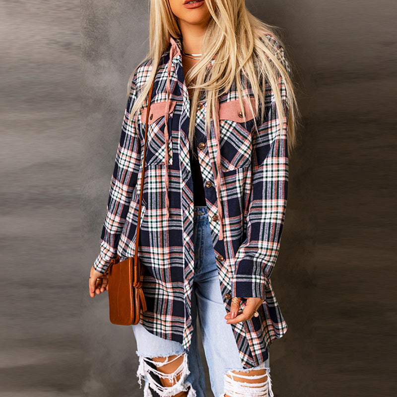 Plaid Hooded Shirt Women's Versatile Contrast Color Cardigan Jacket