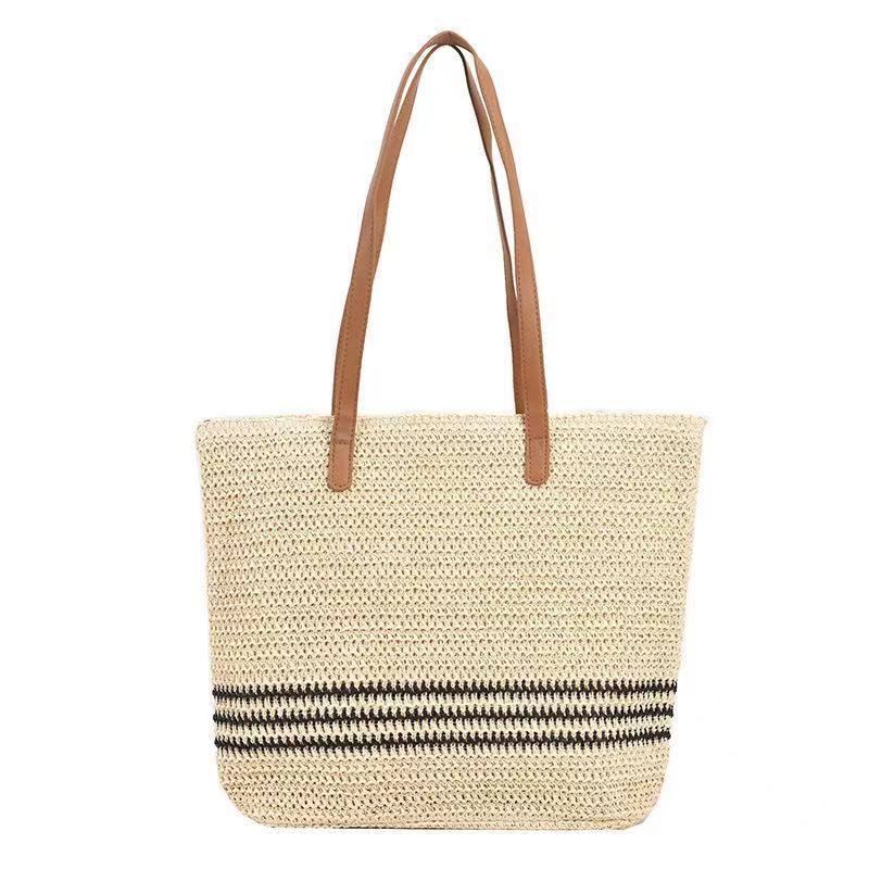 Striped Crochet Craft Straw Bag Large Capacity