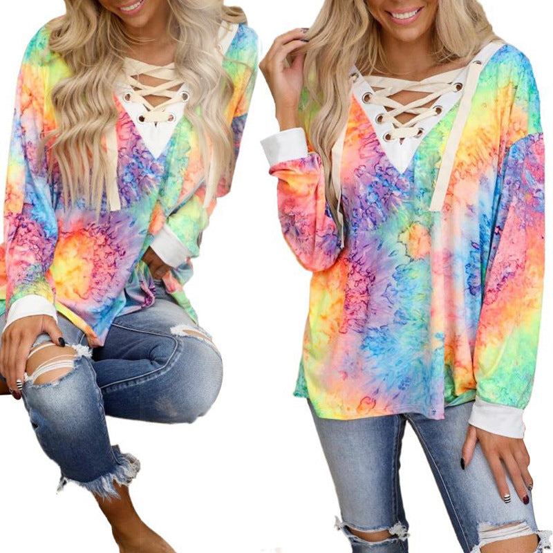 Tie-Dye Printed Long-Sleeved V-Neck Tie Casual T-Shirt Top