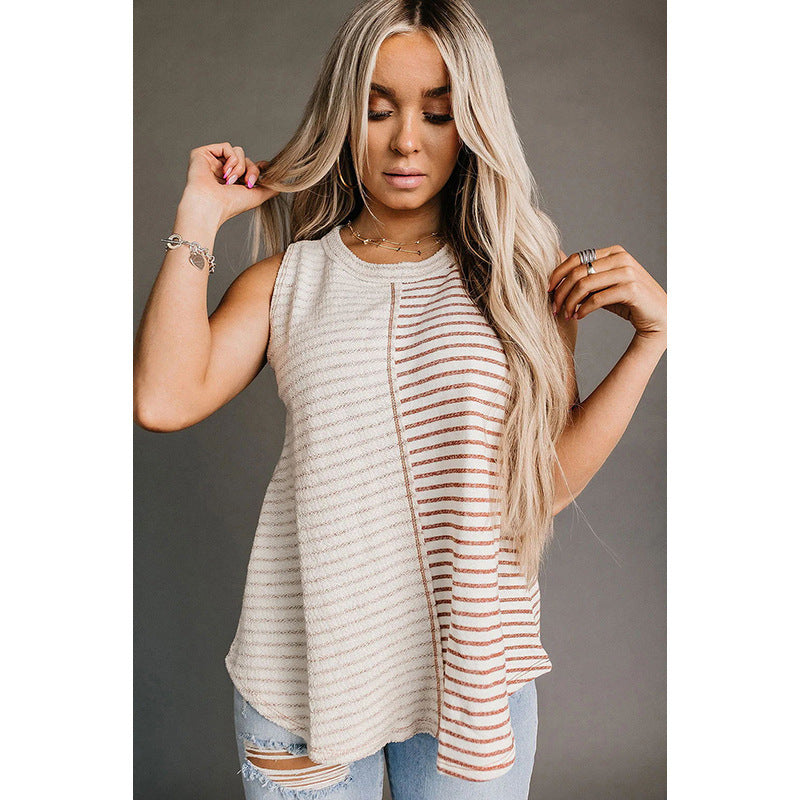 Striped Patchwork Round Neck Vest For Women