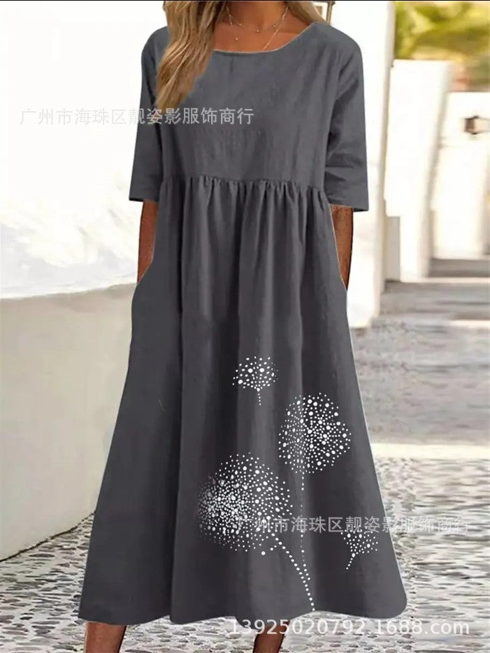 Round Neck Half Sleeve Printed Plus Size Loose Casual Dress