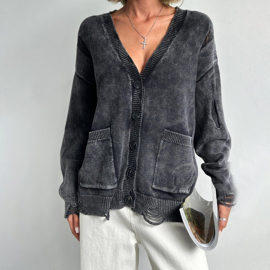 Women's Street-style Washed-out Woolen Cardigan Coat