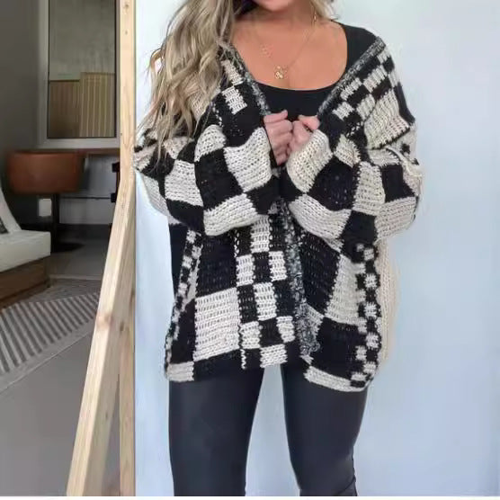 Women's Oversized Drop-shoulder Plaid Cardigan Sweater