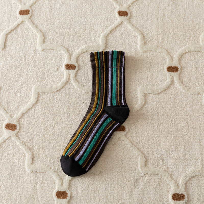 Autumn And Winter Vertical Stripes Retro Color Hem Tube Socks