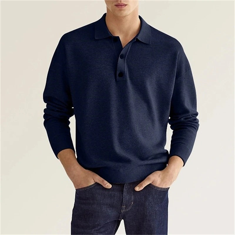 Spring Long Sleeve V-neck Button Men's Casual Top Polo Shirt