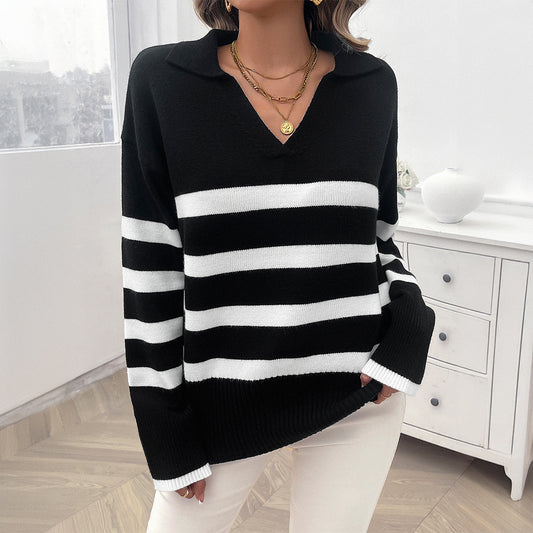 Women's Loose Striped Contrast Color Lapels Sweater