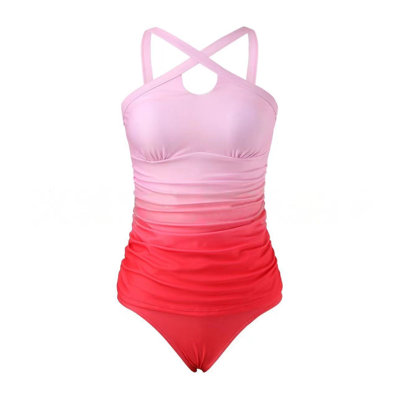 Simple Contrast Color Cross Strap Heap Pleated Slimming Swimsuit