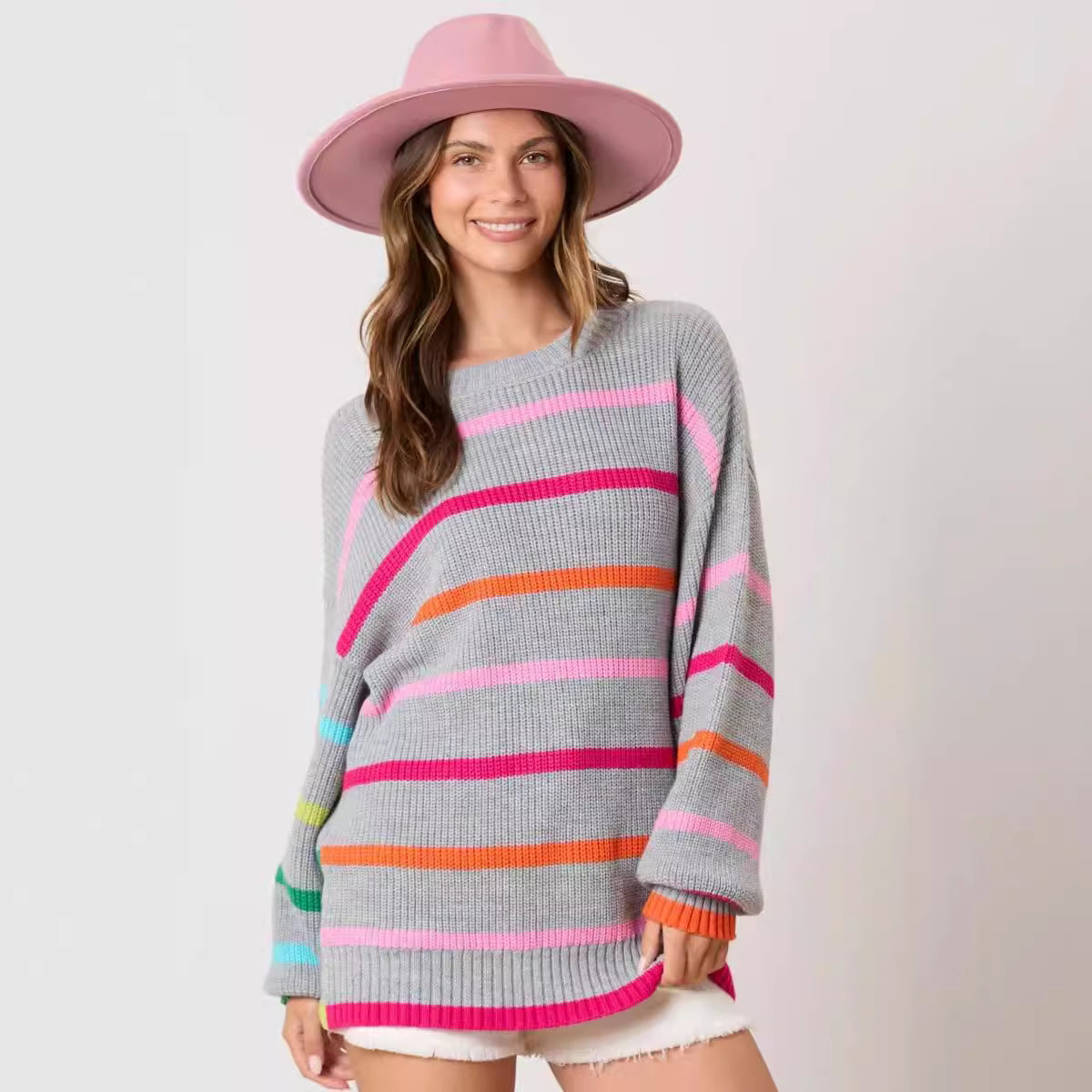 Contrast Color Striped Round Neck Top Long Sleeve Knitted Sweater