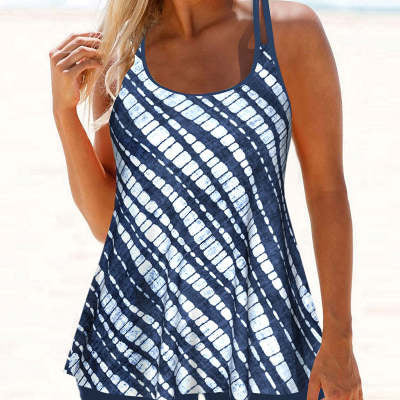 European And American Striped Vest Conservative Split Swimsuit