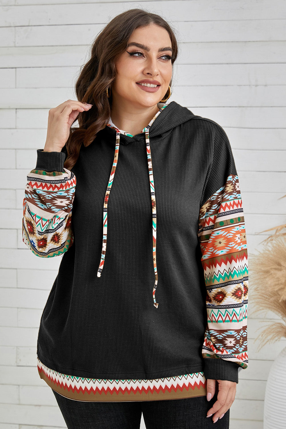 Black Aztec Patchwork Sleeve Waffle Drawstring Plus Hoodie