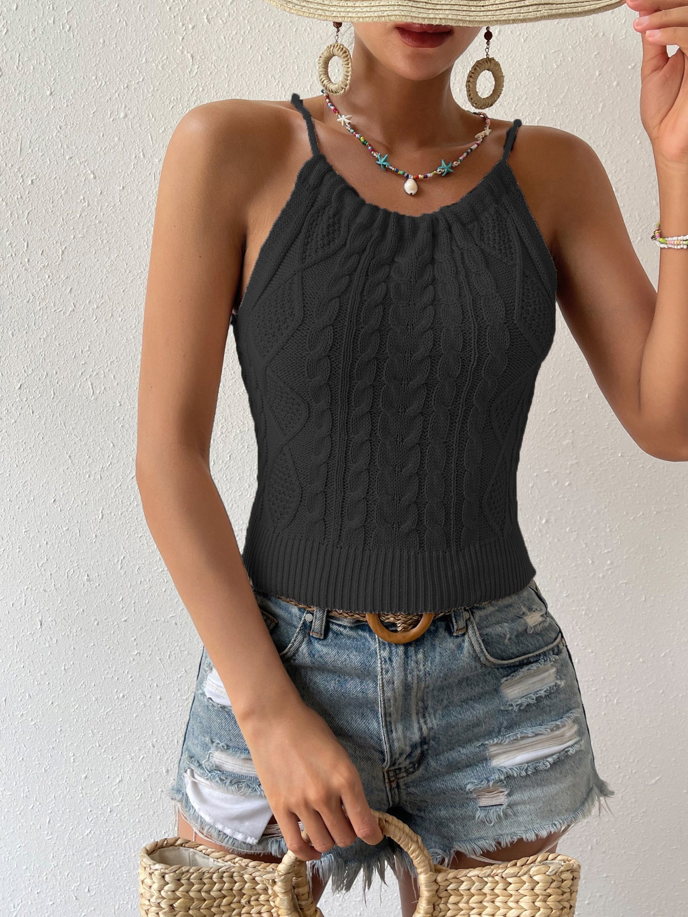 Polyester Backless Hemp Pattern Lace-up Halterneck Sling Top For Women