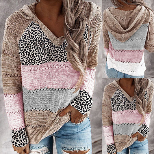 Women's Striped Loose V-neck Hooded Long-sleeve Sweater
