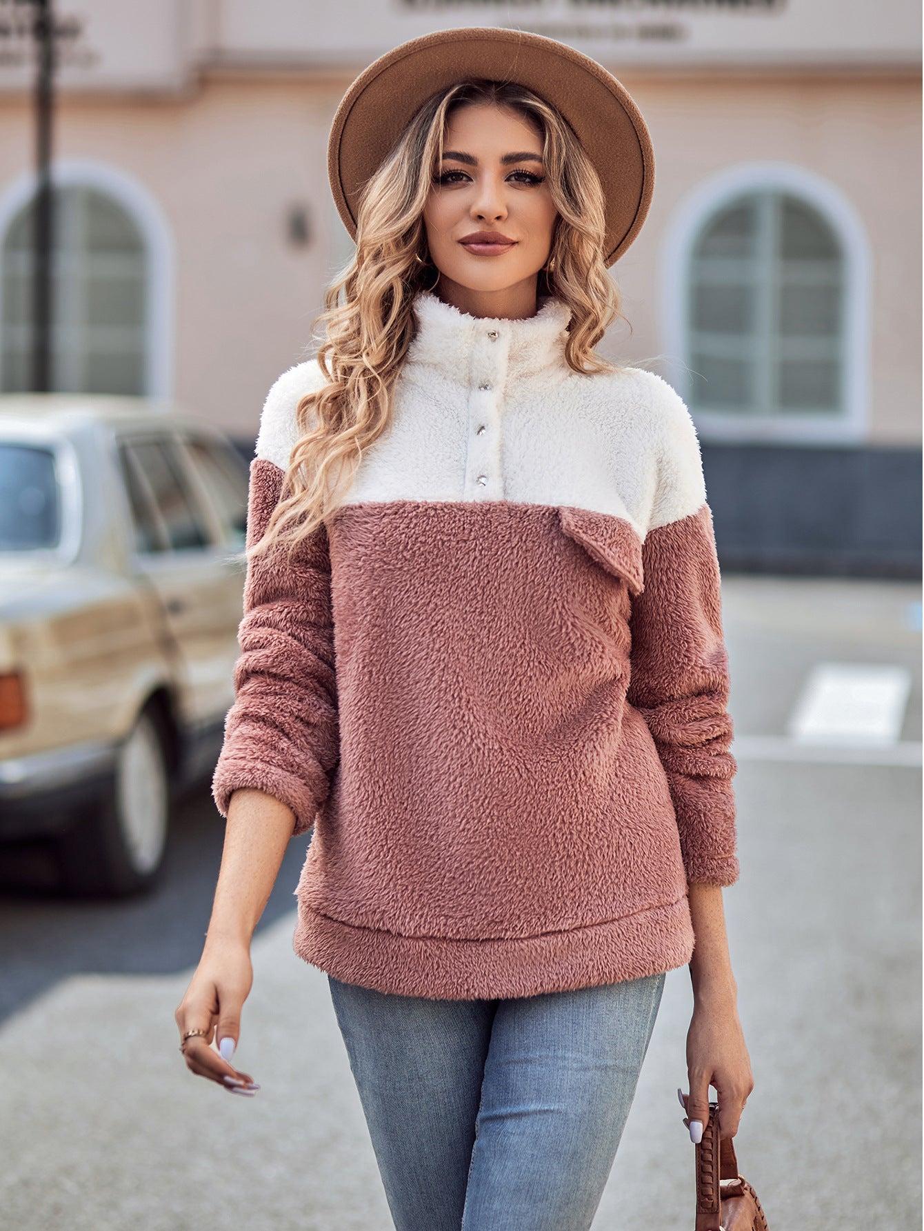 Patchwork Color Stand Collar Plush Thick Sweater For Women