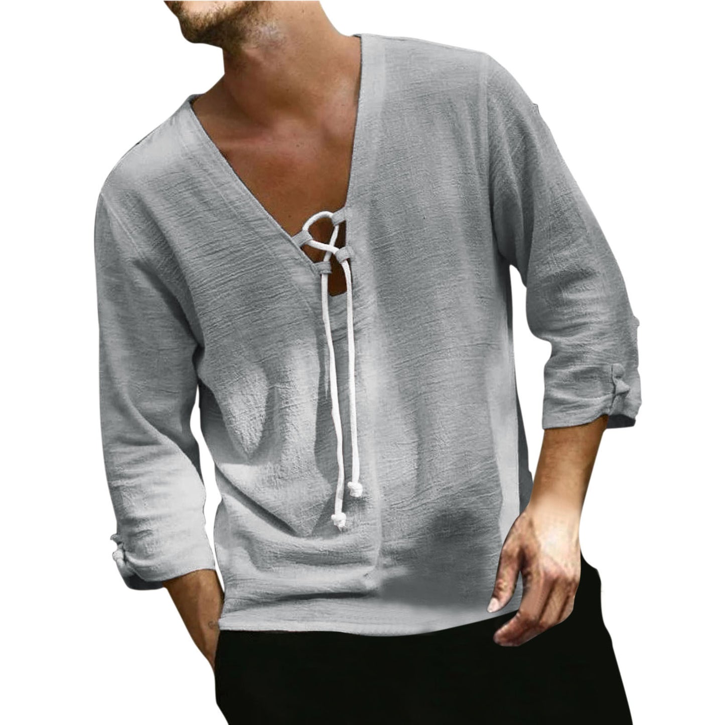 Men's Solid Color Loose Fashion Casual Hemp Drawstring Top