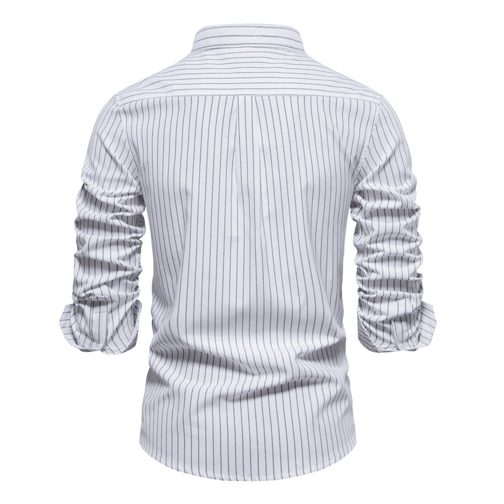 Spring And Summer Slim Stand Collar Shirt Men's Cotton And Linen Stripes Long Sleeve Shirt