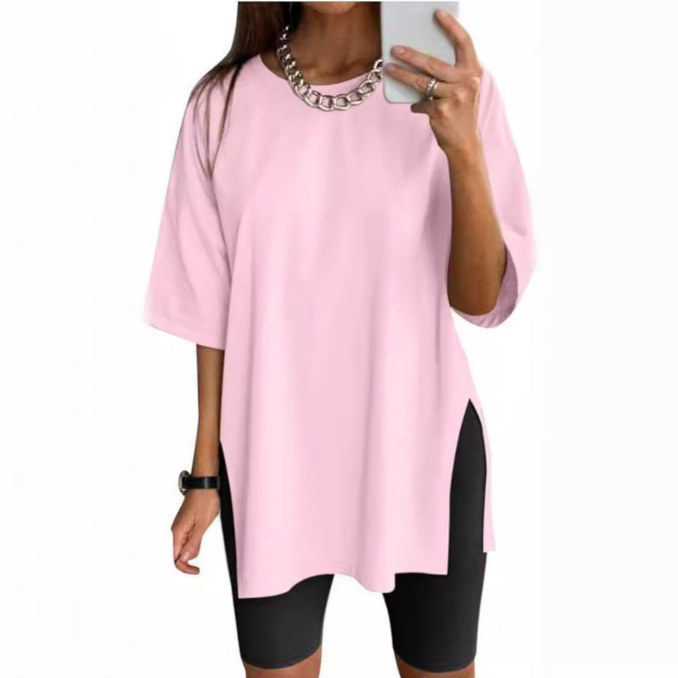 Women's Solid Color Split Short-sleeved T-shirt Round Neck Loose Top