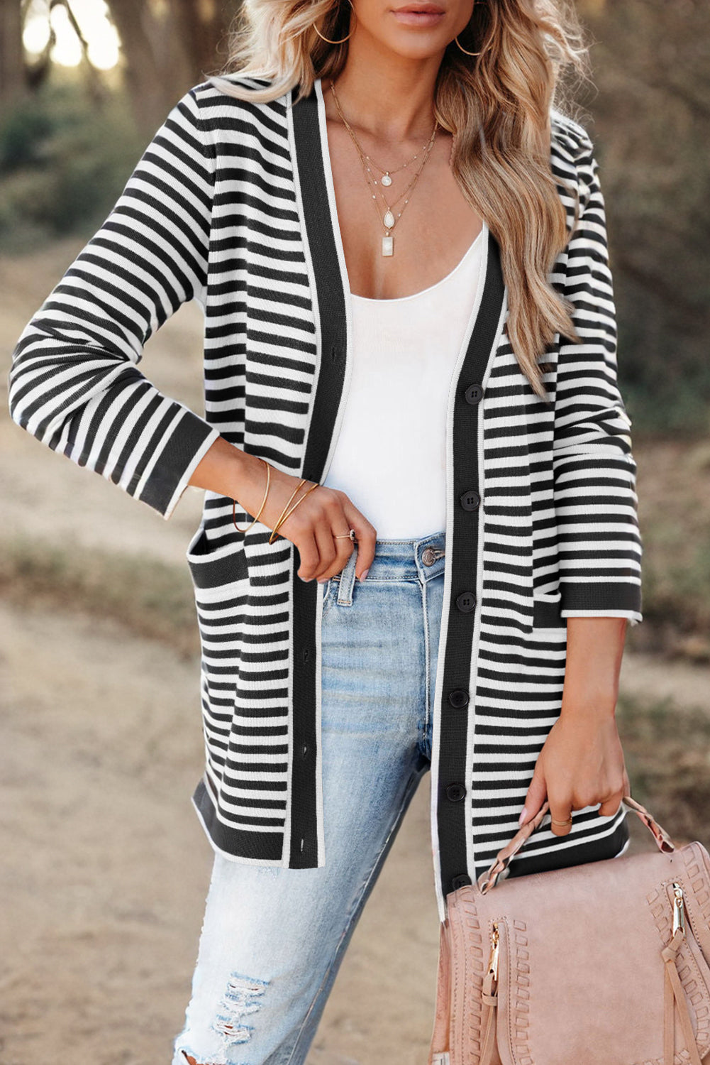 Black Stripe Long Sleeve Button up Tunic Cardigan