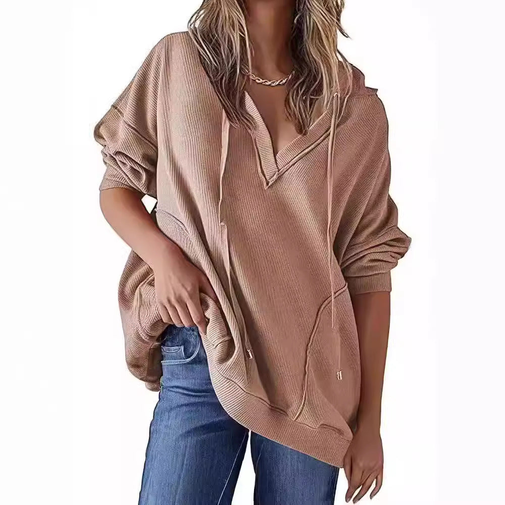 Women's V-neck Waffle Solid Color Long-sleeved Hoodie