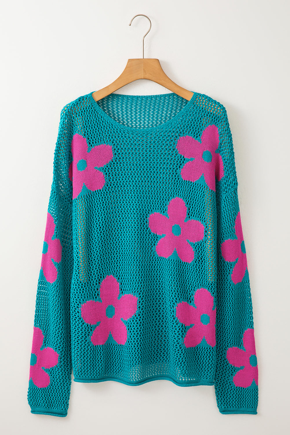 Sea Green Big Flower Hollowed Knit Drop Shoulder Sweater