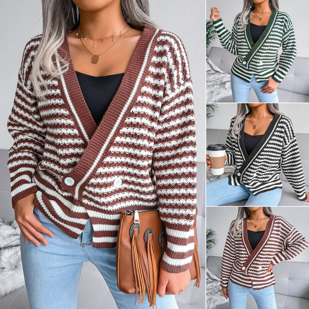 Autumn And Winter V Neck Design Striped Long Sleeved Knitted Sweater