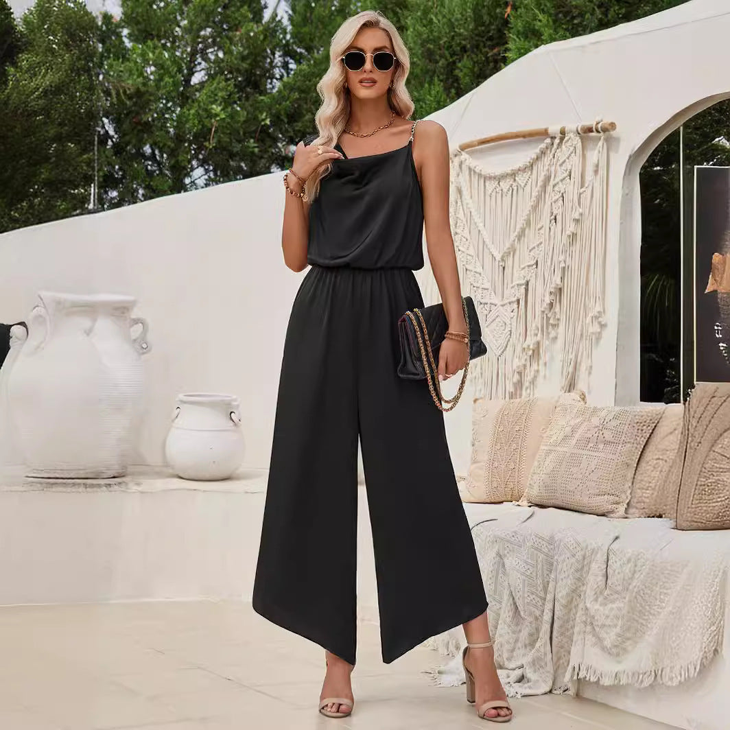 Fashion Casual Solid Color Suspender Waist Wide Leg Jumpsuit